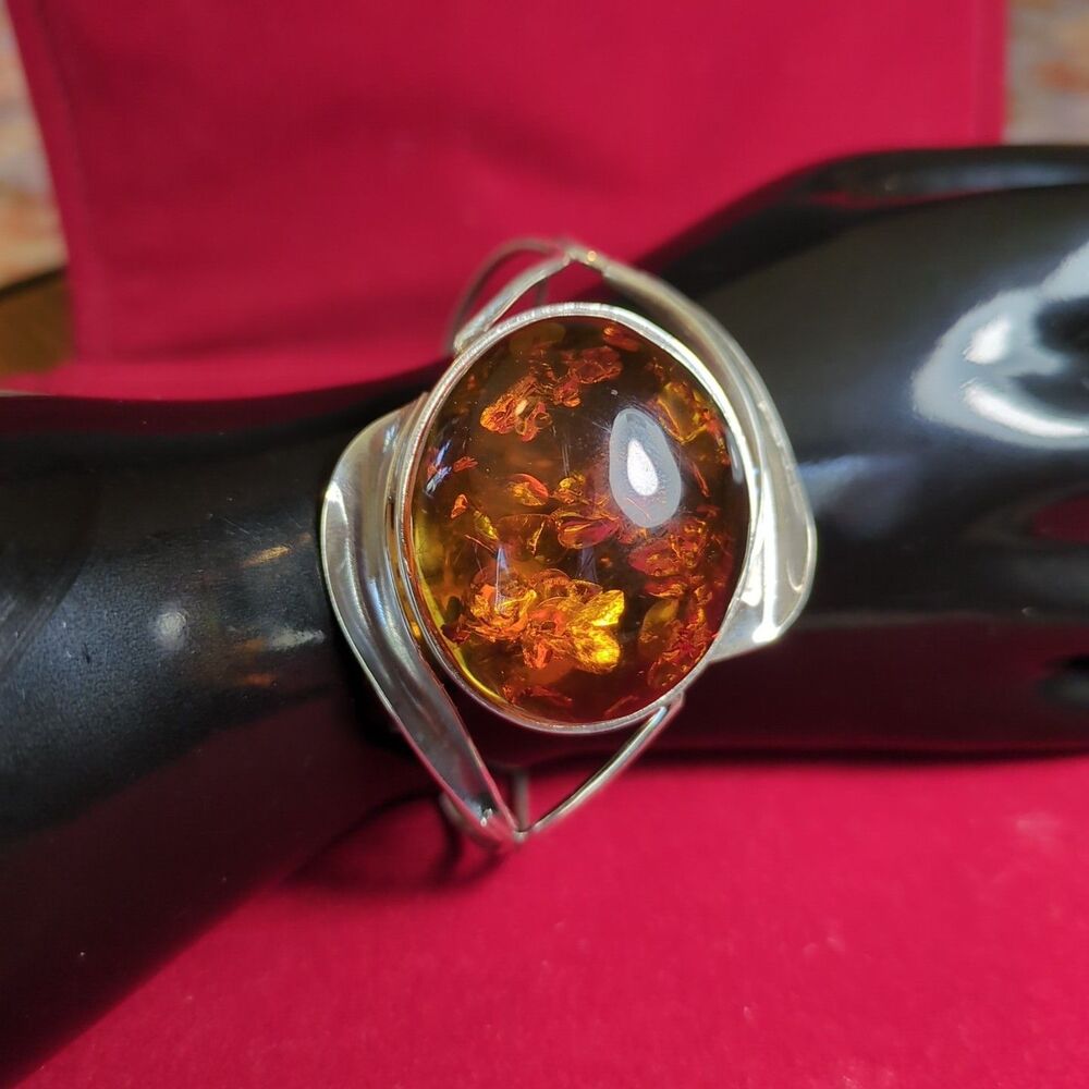 925 Sterling Silver Natural Amber Stone Bracelet, Bangle Round Dome Gemstone.